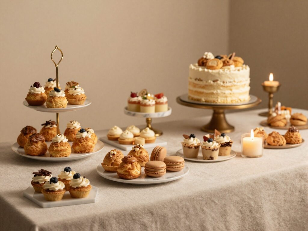 Table sucrée d anniversaire avec gâteau, choux et macarons