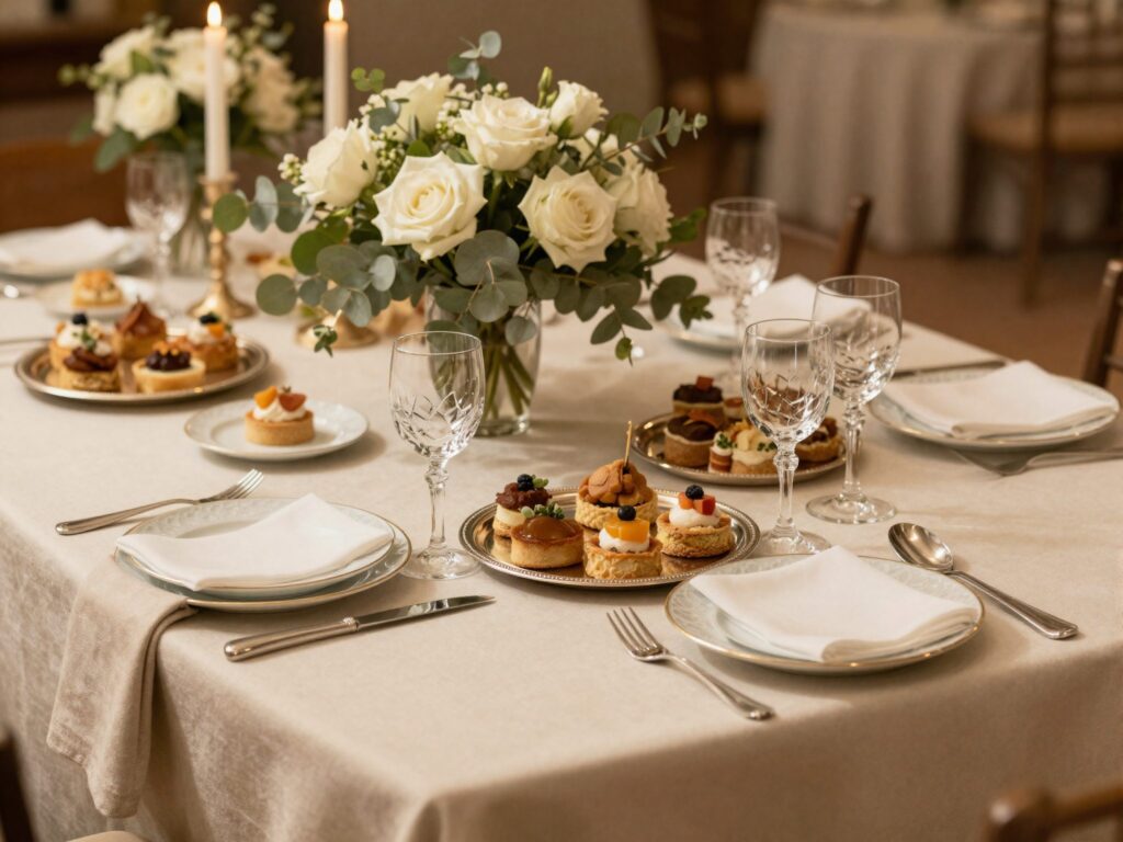Table de mariage dressée avec roses blanches et canapés